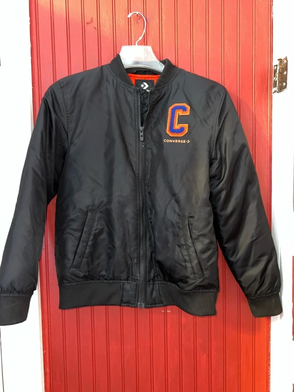 Converse Kids Black Puffer Jacket with Orange & Blue 'C' Patch L